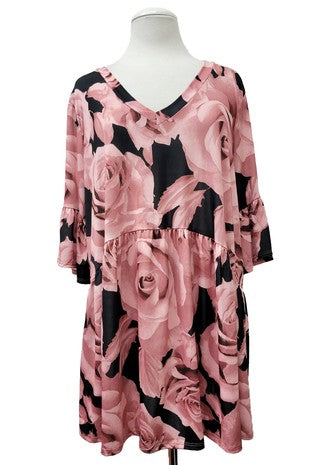 100 PQ {Thrill Of The Moment} Mauve Black Baby Doll Tunic Tulip Sleeve Round Neck EXTENDED PLUS SIZE 3X 4X 5X