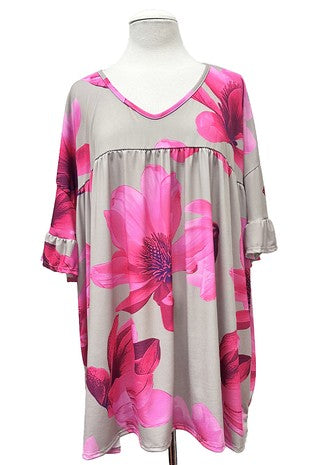 100 PSS {Simply Blessed} Taupe & Pink Baby Doll Tunic V Neck Ruffle Sleeve  EXTENDED PLUS SIZE  1X 2X 3X 4X 5X 6X