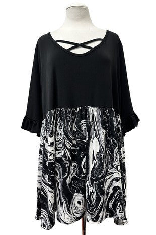100 CP {Marble Effect} Black Marble Contrast Cross Neck Tunic EXTENDED PLUS SIZE 1X 2X 3X 4X 5X