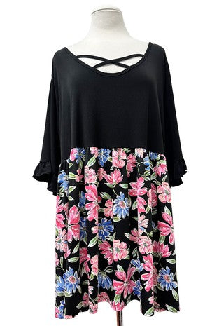 100 CP {Free To Bloom} Black Pink Floral Cross Neck Tunic EXTENDED PLUS SIZE 1X 2X 3X 4X 5X