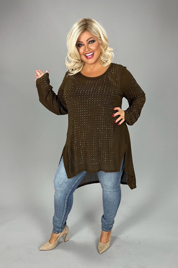 29 SD {Never Let Go} VOCAL Brown Waffle Knit Tunic w/Studs PLUS SIZE XL 2X 3X