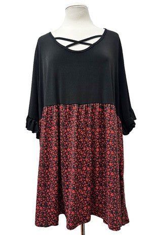 100 CP {Clear To See} Black Red Ditsy Floral Cross Neck Tunic EXTENDED PLUS SIZE 1X 2X 3X 4X 5X