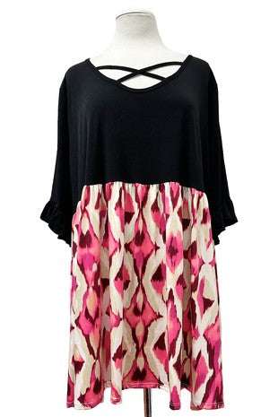 100 CP {Art Of Beauty} Black Pink Contrast Cross Neck Tunic EXTENDED PLUS SIZE 3X 4X 5X