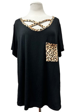 100 SD {Feeling Fierce} Black Leopard Cross Neck Pocket Top PLUS SIZE 1X 2X 3X