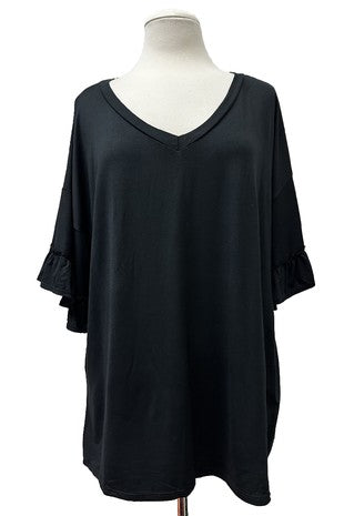 100 SSS {Midnight Roads} Black V-Neck Ruffle Sleeve Top PLUS SIZE 1X 2X 3X