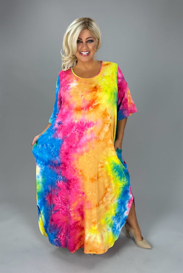 LD-T {Free To Flirt} Fuchsia/Blue Tie Dye Maxi Dress  PLUS SIZE XL 2X 3X