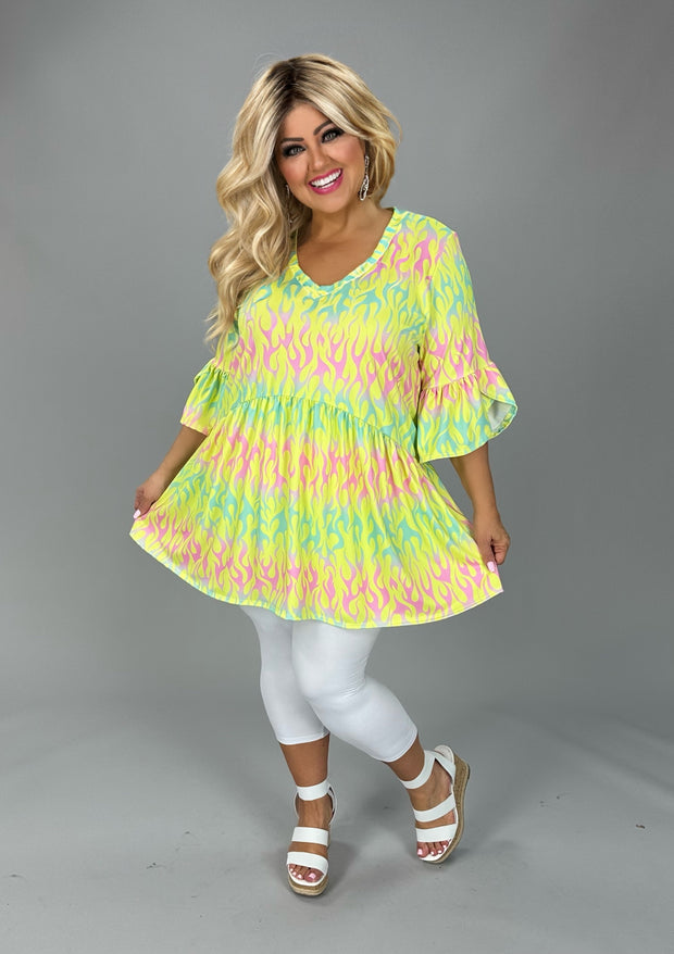 54 PSS {Fire In Your Eyes} Yellow Multi Flame V-Neck Top EXTENDED PLUS SIZE 1X 2X 3X 4X 5X