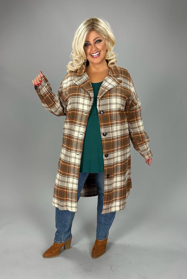 32 OT-D  {Starting Again}  "Umgee" Camel Plaid Button Up Shacket PLUS SIZE XL 1X 2X