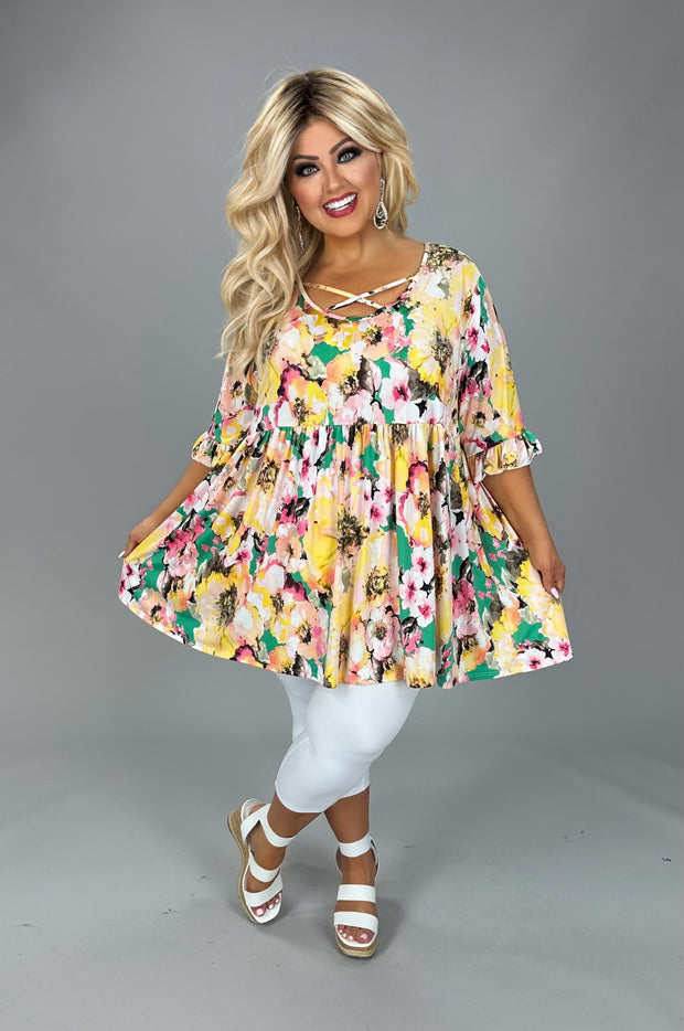 44 PSS {Delighted Days} Yellow Floral Cross Neck Top EXTENDED PLUS SIZE 3X 4X 5X