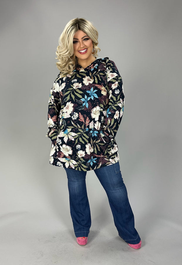 21 HD {Any Other Way} Black Floral Print Hoodie w/Pocket EXTENDED PLUS SIZE 3X 4X 5X