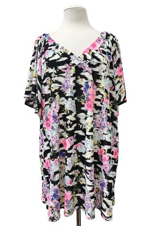 100 PSS {New You} Black Pink Floral Flutter Sleeve Top EXTENDED PLUS SIZE 4X 5X 6X