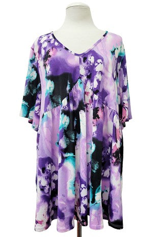 100 PSS {Falls On Me} Purple Print Short Sleeve Babydoll Top EXTENDED PLUS SIZE 3X 4X 5X