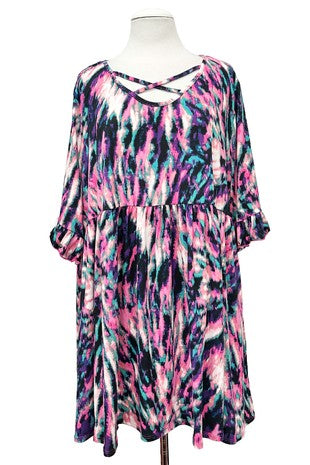 100 PSS {For All Time} Pink Multi Tie Dye Cross Neck Top EXTENDED PLUS SIZE 3X 4X 5X