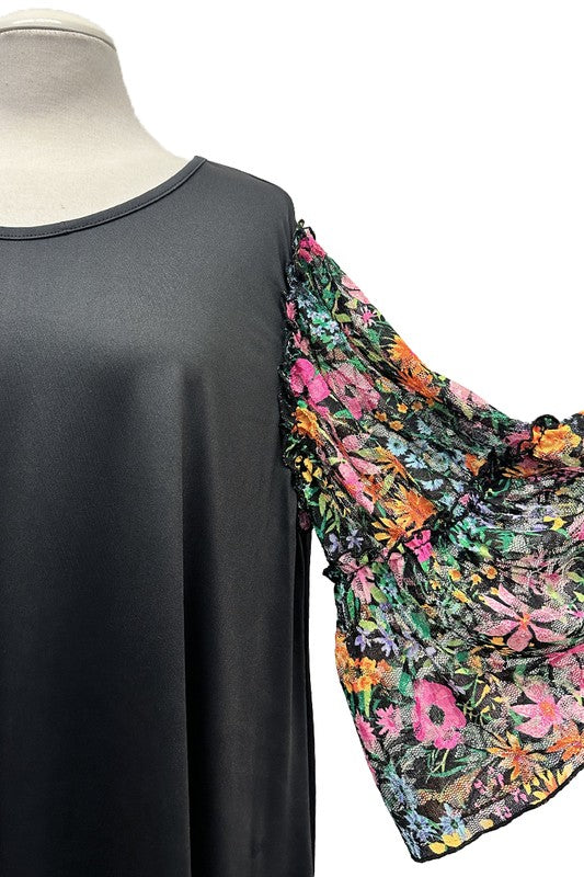 100 CP {Downtown} Black Sheer Green Floral Sleeve Tunic EXTENDED PLUS SIZE 3X 4X 5X
