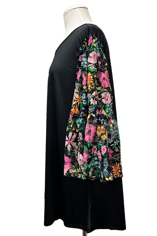 100 CP {Downtown} Black Sheer Green Floral Sleeve Tunic EXTENDED PLUS SIZE 3X 4X 5X