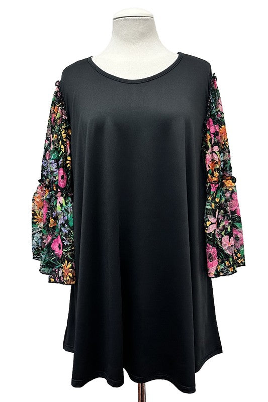 100 CP {Downtown} Black Sheer Green Floral Sleeve Tunic EXTENDED PLUS SIZE 3X 4X 5X