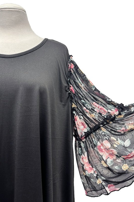 100 CP {Fight For Love} Black Sheer Floral Sleeve Tunic EXTENDED PLUS SIZE 3X 4X 5X