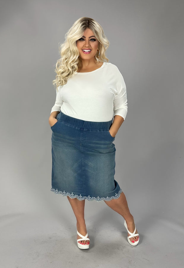 LEG-94 {Putting It Simply} Denim Embroidered Skirt EXTENDED PLUS SIZE 4X 5X