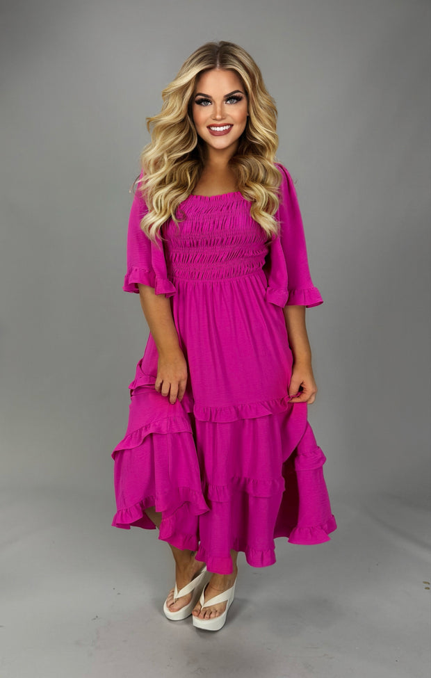 LD-G {Kindred Hearts} Hot Pink Smocked Tiered Dress PLUS SIZE XL 1X 2X