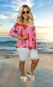 35 PSS {Eyes Are On Me} Pink Floral Flutter Sleeve Top PLUS SIZE XL 2X 3X