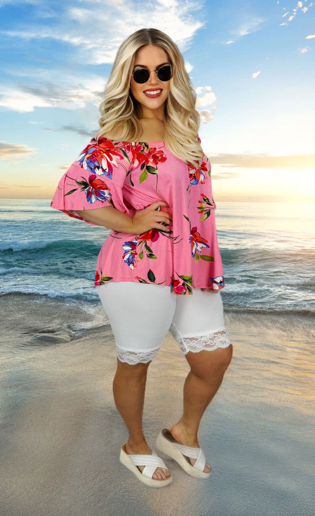 35 PSS {Eyes Are On Me} Pink Floral Flutter Sleeve Top PLUS SIZE XL 2X 3X