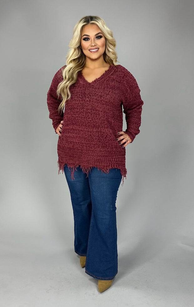 41 SLS-B {Lady Of Luxury} "UMGEE" Wine Sweater W/Fringe PLUS SIZE XL 1X 2X