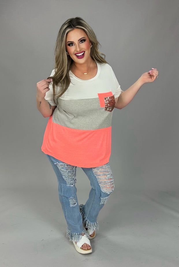 SALE!! 25 CP-Q {Within The Lines} Neon Coral Stripe Sequin Top PLUS SIZE XL 2X 3X