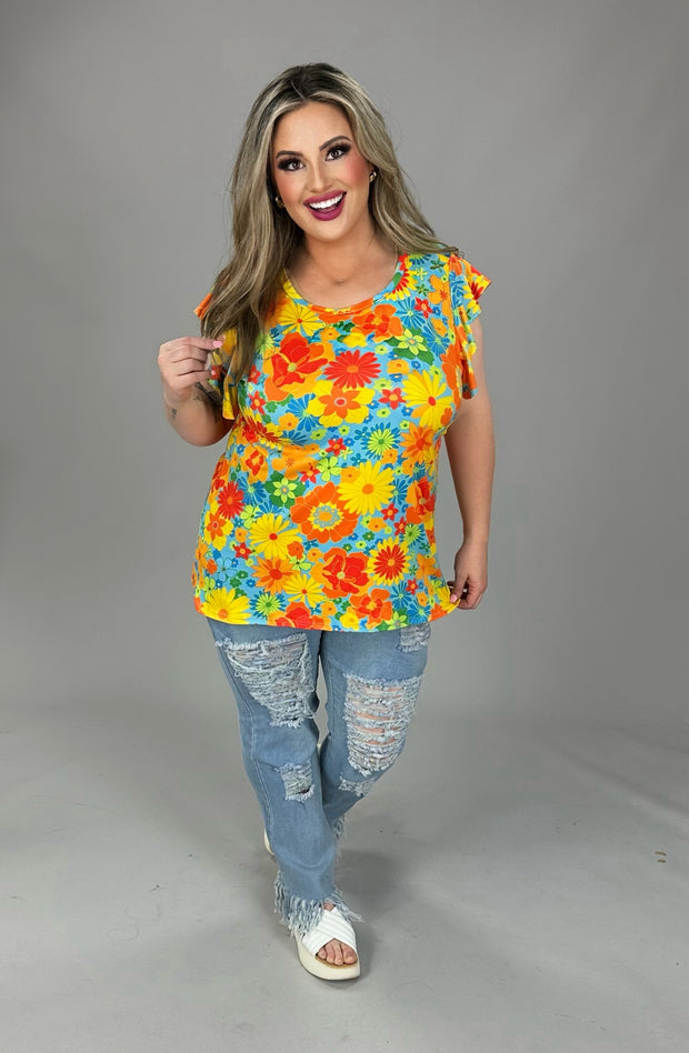 60 PSS {Soaking Up The Sun} Orange Yellow Blue Floral Top PLUS SIZE XL 2X 3X