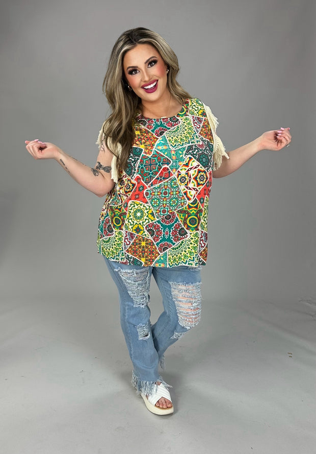 60 PSS {Learn As You Go} Yellow/Jade Print Top w/Fringe Sleeve PLUS SIZE XL 2X 3X