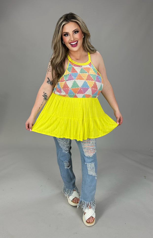 77 SV {Loving The Sun} Yellow/Triangle Print Tiered Top PLUS SIZE XL 2X 3X