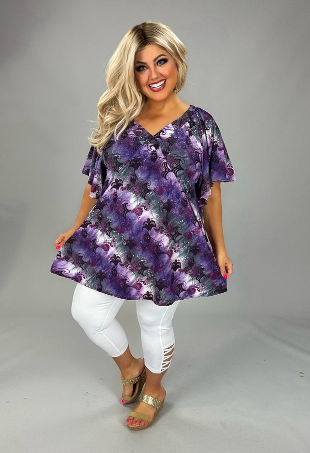 28 PSS {Got It All} Purple Print V-Neck Flutter Sleeve Top EXTENDED PLUS SIZE 1X 2X 3X 4X 5X 6X