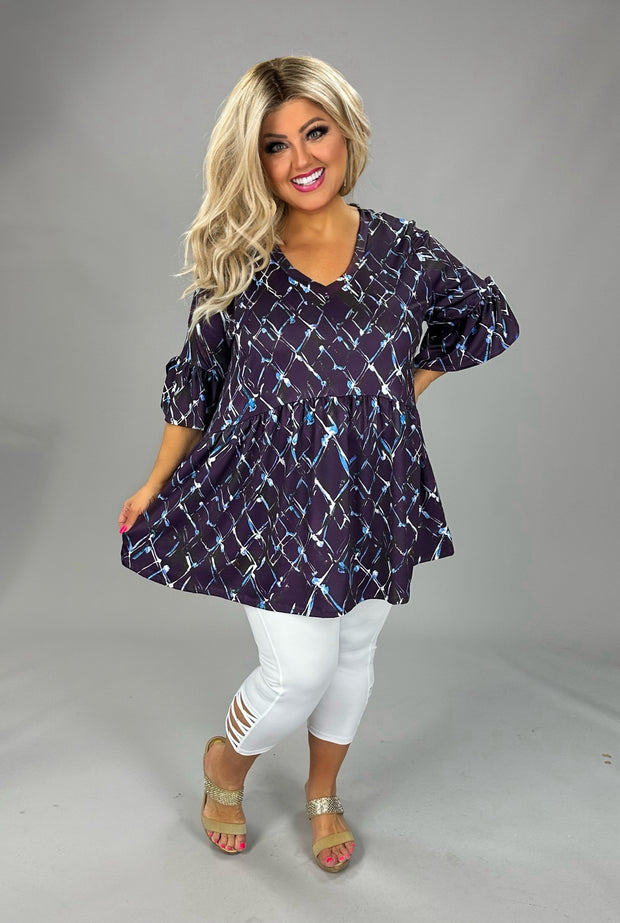 25 PSS {Take A Look} Purple Blue Print V-Neck Tulip Sleeve Top EXTENDED PLUS SIZE 3X 4X 5X