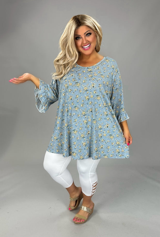 44 PQ {Pure Intentions} Blue Yellow Floral Ruffle Sleeve Top EXTENDED PLUS SIZE 4X 5X 6X