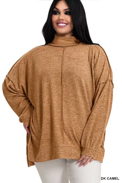 55 SLS-B {My Favorite Sweater} Dark Camel Fleece Sweater  PLUS SIZE 1X 2X 3X