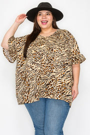 100 PSS {My Kind Of Wild} Tan Animal Print Shirred Hem Top EXTENDED PLUS SIZE 2X 3X 4X  TRUE TO SIZE!!