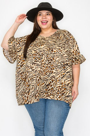 100 PSS {My Kind Of Wild} Tan Animal Print Shirred Hem Top EXTENDED PLUS SIZE 2X 3X 4X  TRUE TO SIZE!!
