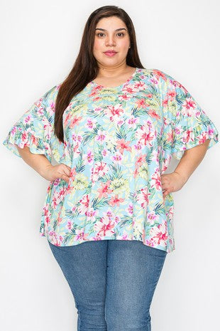 100 PSS {Vacation Mode} Mint Floral Shirred Hem Top PLUS SIZE 1X 2X 3X
