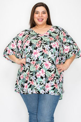 100 PSS {Island Time} Black Floral Shirred Hem Top PLUS SIZE 1X 2X 3X