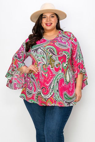 100 PQ {Take Your Time} Fuchsia Paisley Cascade Sleeve Top EXTENDED PLUS SIZE 2X 3X 4X  TRUE TO SIZE!!