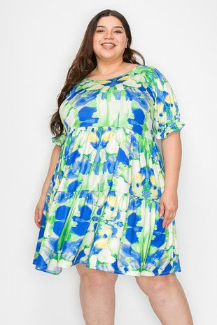 100 PSS {Don't Be Blue} Blue Green Abstract Print Dress EXTENDED PLUS SIZE 3X 4X 5X