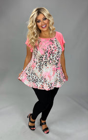 100 CP {Run Pink Wild} Neon Pink Leopard Print Top w/Bell Sleeves PLUS SIZE XL 2X 3X