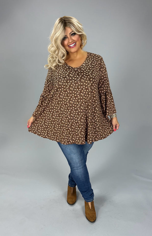 24  PQ {Blooming Out} Brown/Orange Daisy Print Top EXTENDED PLUS SIZE XL 2X 3X 4X 5X