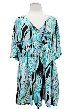 100 PSS {Modern Art} Black Mint Abstract Babydoll Top