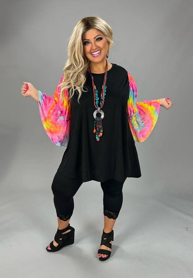 34 CP {Be Bright} Black Multi Sheer Tie Dye Angel Sleeve Top EXTENDED PLUS SIZE 3X 4X 5X