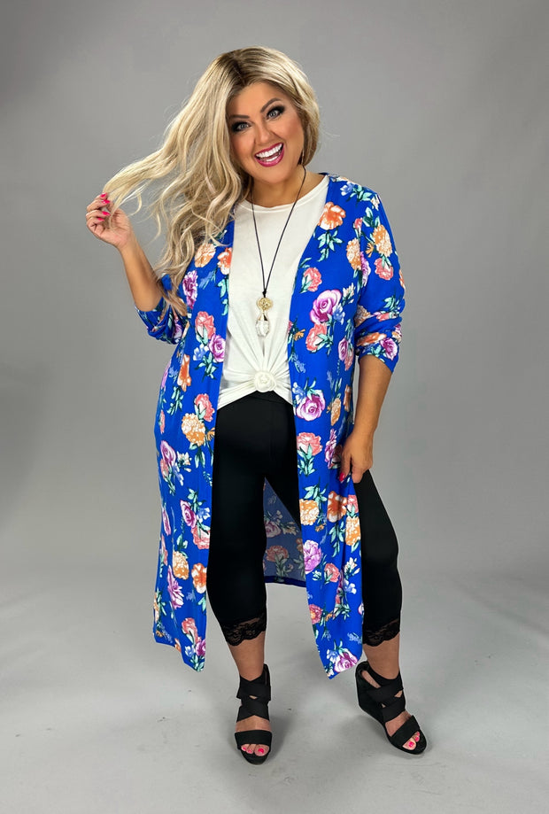 LD {Make A Choice} Royal Blue Floral Long Knit Cardigan PLUS SIZE 1X 2X 3X