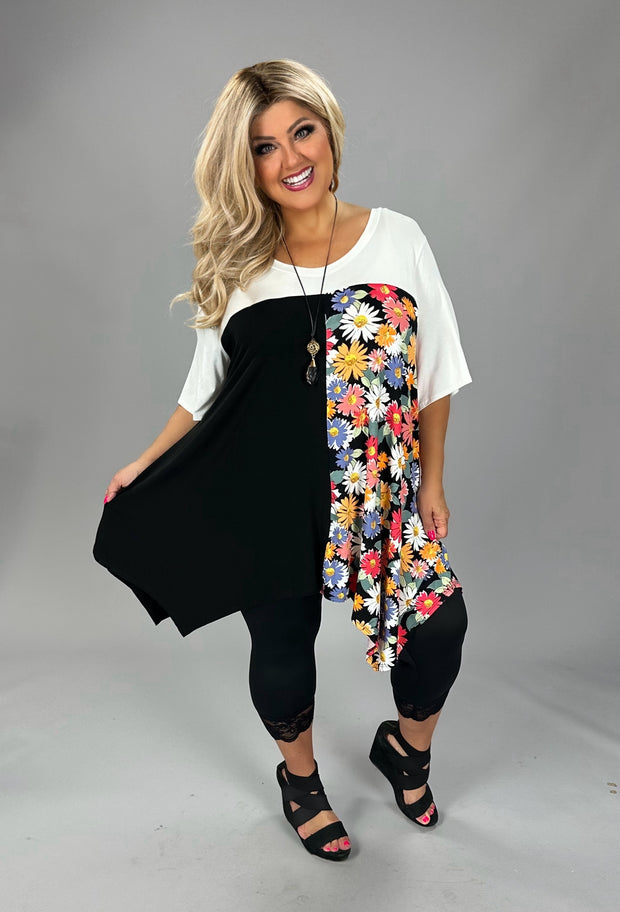 25 CP {Truly Lovable} Ivory Black Floral Asymmetrical Top EXTENDED PLUS SIZE 4X 5X 6X