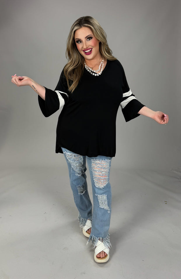 69 CP-R {Pleasantly Surprised} Black V-Neck Top w/Striped Sleeve PLUS SIZE XL 2X 3X