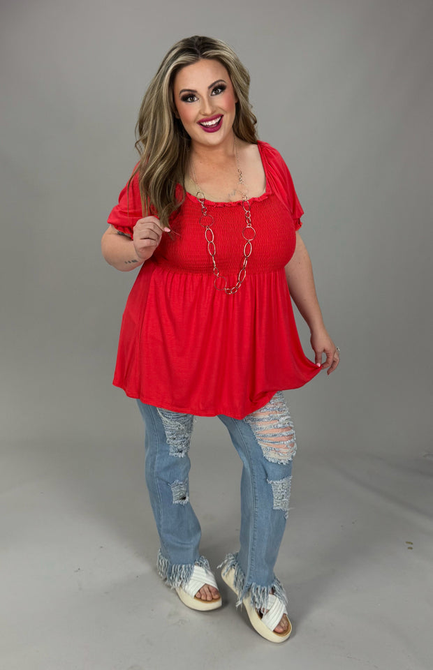 20 SSS-A {Mercy For Me} Dk Coral Smocked Babydoll Top PLUS SIZE XL 2X 3X