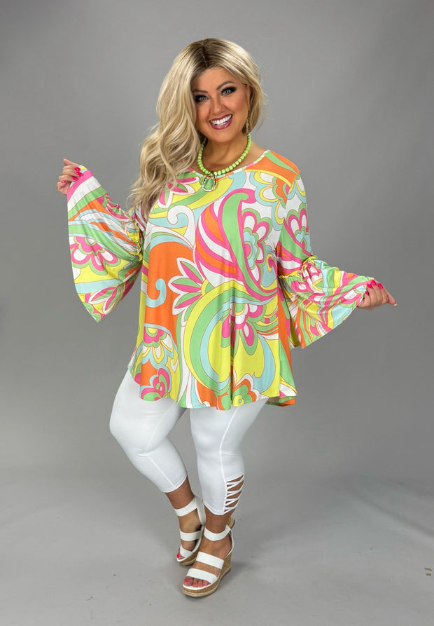 100 PSS {All My Wishes} Multi Color Print Flounce Sleeve Top EXTENDED PLUS SIZE 3X 4X 5X