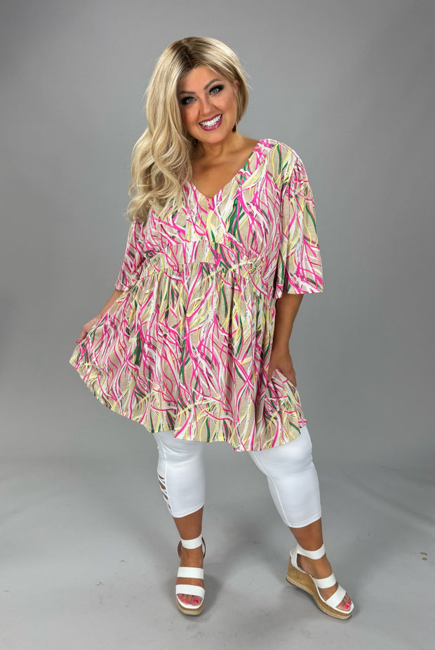 52 PSS {Little Bit Stronger} Pink Abstract V-Neck Babydoll Top EXTENDED PLUS SIZE 3X 4X 5X
